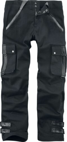 Gothicana by EMP Pete - Černé kalhoty s koženkovými detaily Kalhoty černá