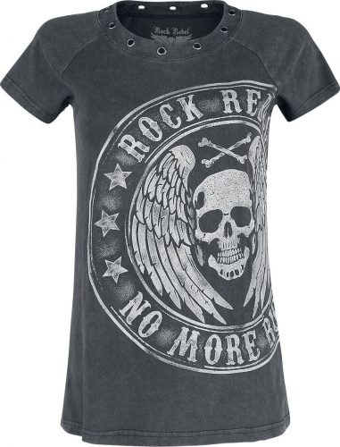 Rock Rebel by EMP Šedé tričko s očky na límci a velkým potiskem Dámské tričko černá