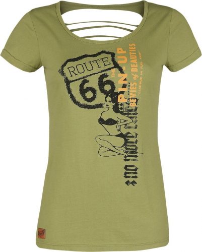 Rock Rebel by EMP Olivově-zelené tričko Rock Rebel X Route 66 s pin-up potiskem a otvory Dámské tričko olivová