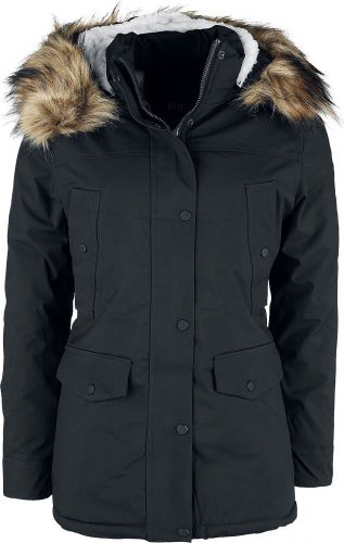 QED London Dlouhý kabát s černou kožešinou na kapuci Dámský kabát černá