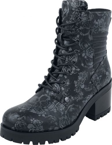 Black Premium by EMP Černé boty na šněrování se vzorem lebek a růží a podpatky boty černá