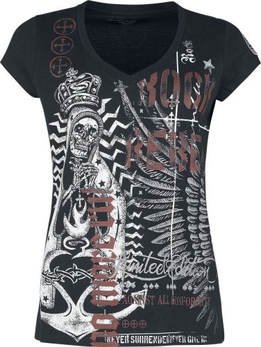 Rock Rebel by EMP T-Shirt mit auffälligem Skull Print und Schriftzügen Dámské tričko černá