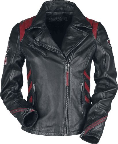 Rock Rebel by EMP Černě/červená kožená bunda v motorkářském stylu s nášivkami Dámská kožená bunda cerná/cervená