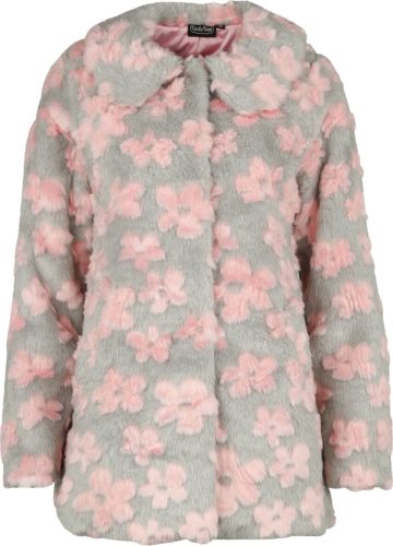 Voodoo Vixen Květovaný kabát z imitace kožešiny Dámský kabát šedá/ružová