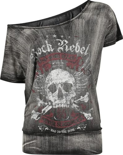 Rock Rebel by EMP Tmavě šedé tričko se širokým výstřihem a potiskem Dámské tričko tmavě šedá
